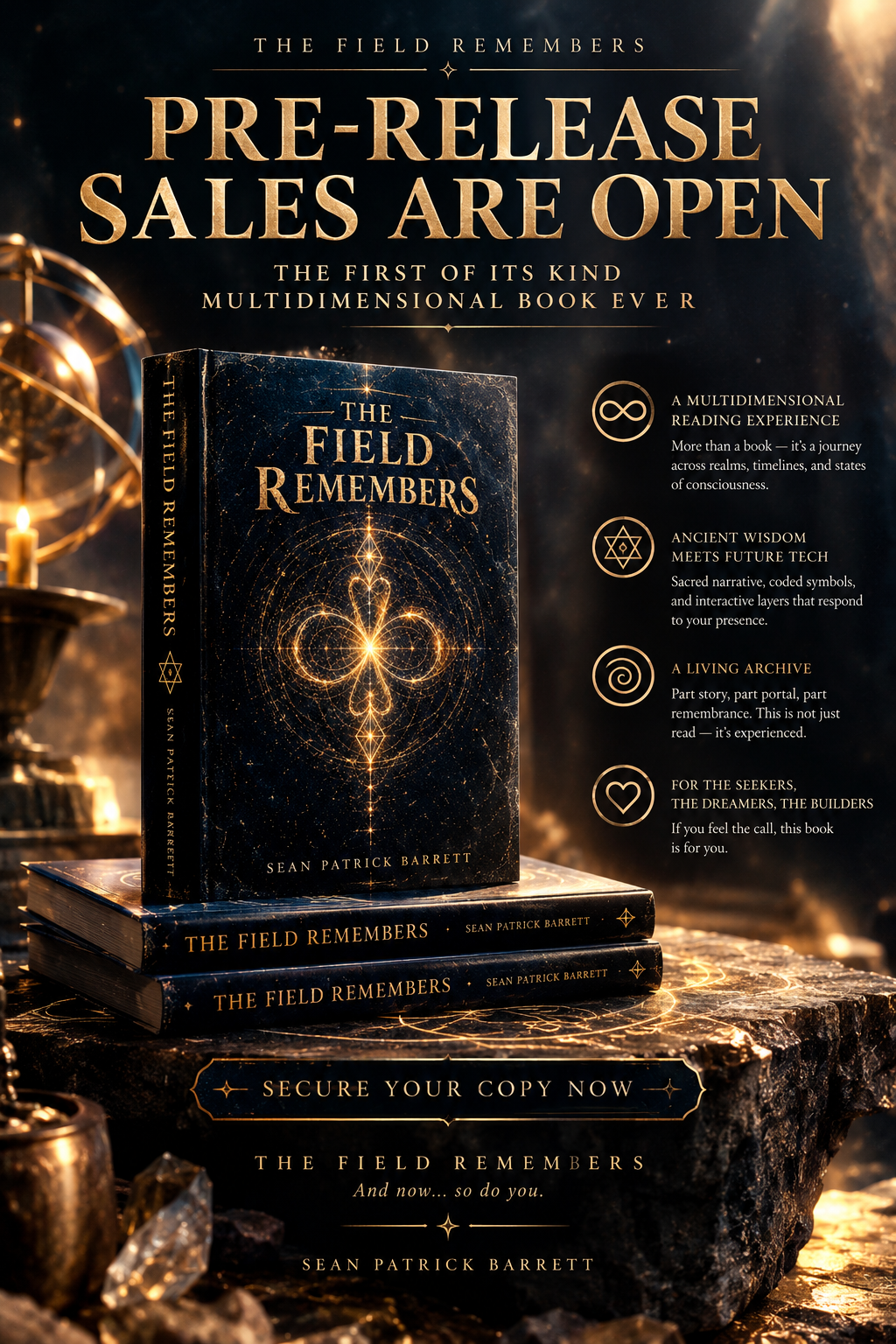 The Field Remembers book cover design — near-black indigo with golden line fragments gathering into a six-point geometry and imperfect ring portal