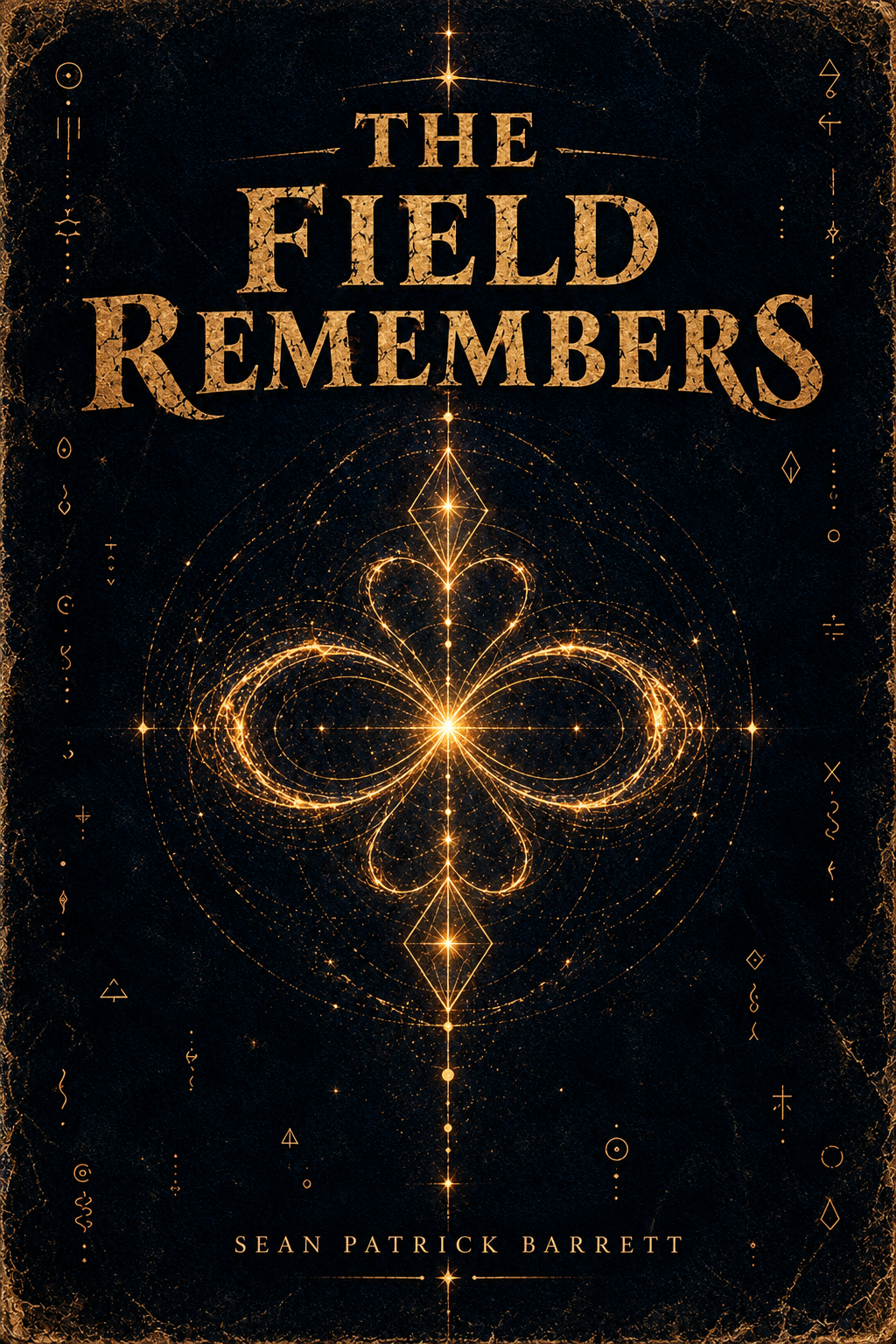 The Field Remembers book cover — near-black indigo with a thin golden line breaking into fragments and gathering into a luminous six-point geometry, an imperfect ring portal, and tiny proto-language marks scattered through the dark.